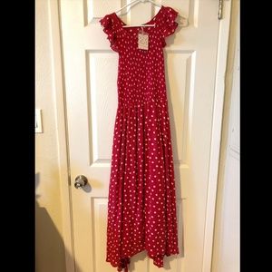 Red Polka Dot Chambray Butterflies Midi Dress